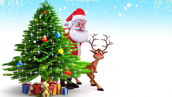 Wallpaper Tree, Deer, Christmas, With, Near, Claus, Standing, Santa