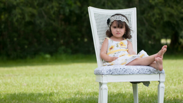 Wallpaper Frock, Flowers, Sitting, White, Cute, Yellow, Printed, Chair, Girl, Wearing, Little
