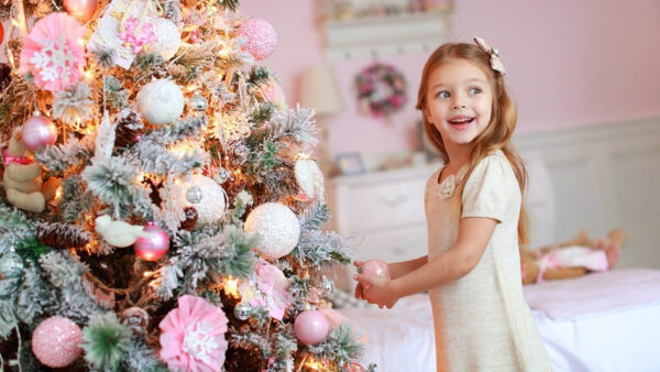 Wallpaper Christmas, White, Little, Standing, Dress, Tree, Smiley, Cute, Near, Decorated, Girl, Wearing
