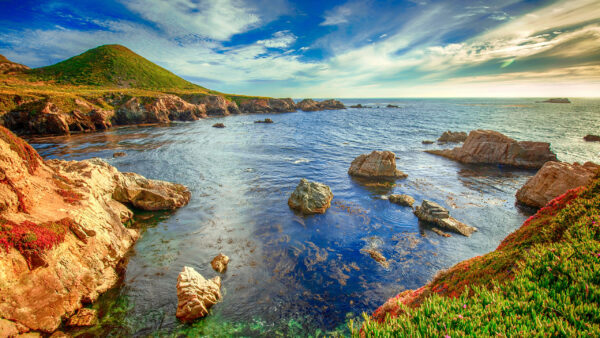 Wallpaper Under, Clouds, Landscape, During, Daytime, Blue, Mountain, Sky, Greenery, Stones, View, Ocean, White, Nature