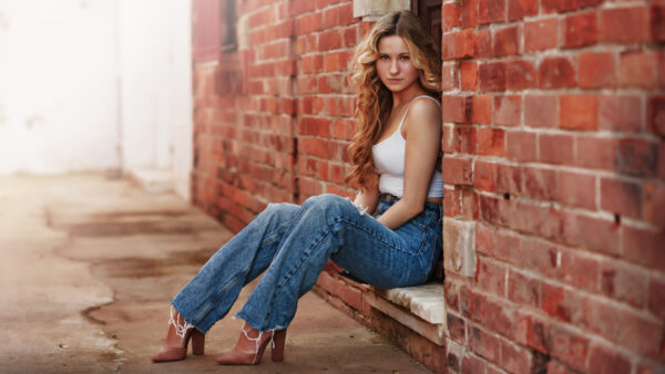 Wallpaper White, Sitting, Model, Dress, Wearing, Blonde, Blue, Girl, Girls, Brick, Between, WALL