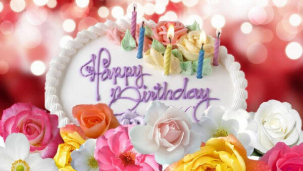 Wallpaper Cake, With, And, Birthday, Lights, Happy, Candles, Colorful, Flowers, Background, Bokeh