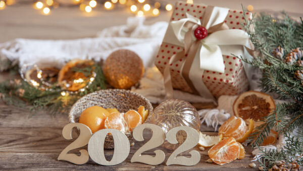 Wallpaper Gift, Bokeh, 2022, Background, Box, Ornaments, Lights, Decoration, Fruits