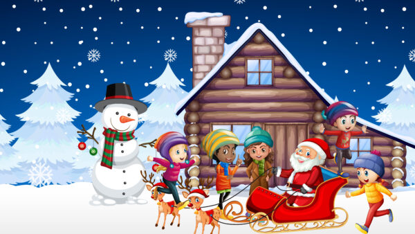 Wallpaper Sleigh, Children, Claus, Trees, Christmas, Santa, Snowman