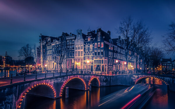 Wallpaper Building, Canal, Lights, Night, Nightscape, Cityscape, Amsterdam