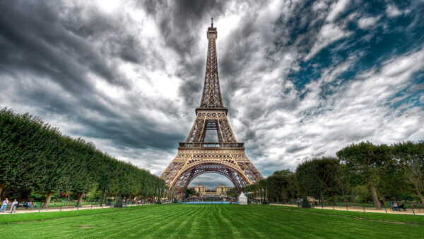Wallpaper Clouds, Eiffel, Travel, Background, Front, Field, Desktop, Tower, Grass, Green, With