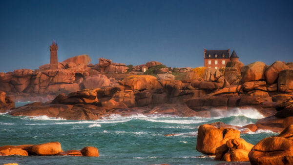 Wallpaper Sea, And, Shore, With, Rocks, Under, Nature, Sky, House, Blue