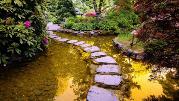 Wallpaper Nature, Desktop, Lake, Garden, Path, With, Between, Reflection, Stone