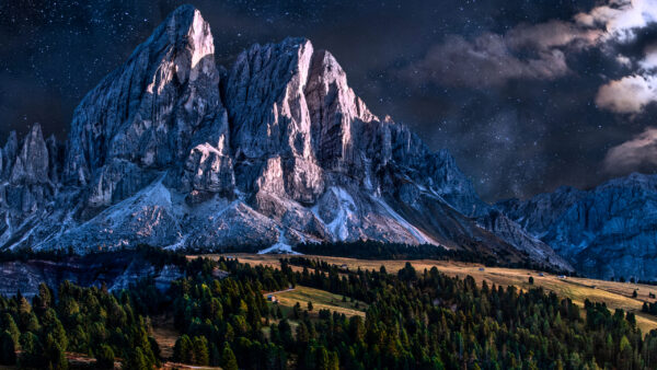 Wallpaper Clouds, Green, Trees, Rock, Field, View, Nature, Snow, Mountains, Covered, Landscape, Starry, Under, Sky