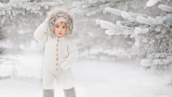 Wallpaper Knitted, Dress, Little, Snow, Cute, Woolen, Desktop, Cap, Ash, And, Eyes, Background, White, Wearing, Field, Girl, Standing