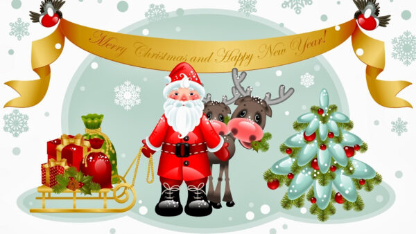 Wallpaper Happy, New, Snowflake, Tree, Desktop, Christmas, Sleigh, Merry, Reindeer, Year, Santa
