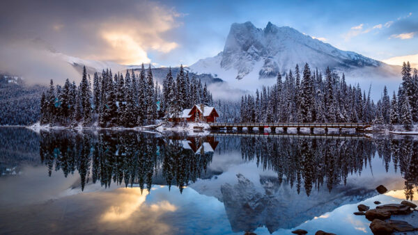 Wallpaper Trees, Covered, Water, Snow, Mountains, Landscape, Bridge, House, Reflection, View, Photography