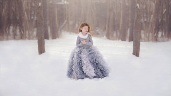 Wallpaper Little, Snow, Cute, Ash, Dress, Girl, Field, Forest, Background, Wearing, White, Standing