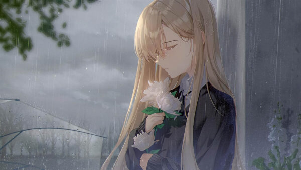 Wallpaper Blonde, Flower, Anime, Girl, Rain