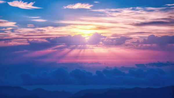 Wallpaper Sky, Cloudy, Beautiful, Sunrays, With, Pink, Blue