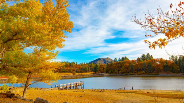 Wallpaper River, White, Landscape, Background, Blue, Clouds, Autumn, Fall, View, Orange, Mountain, Green, Under, Sky, Trees