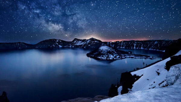 Wallpaper Sky, Surrounded, Trees, Starry, Rocks, Under, Snow, River, Bing, Covered, Mountains, Blue
