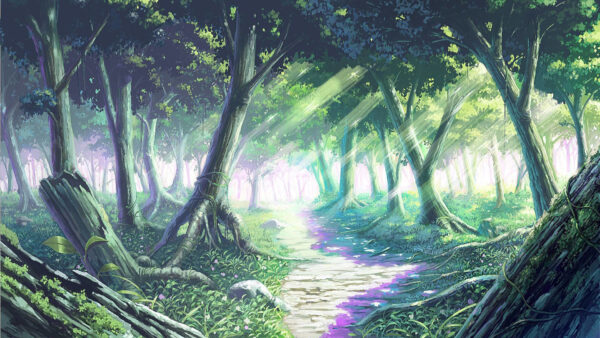 Wallpaper Green, Background, Forest, Sunrays, Trees, Anime, Path