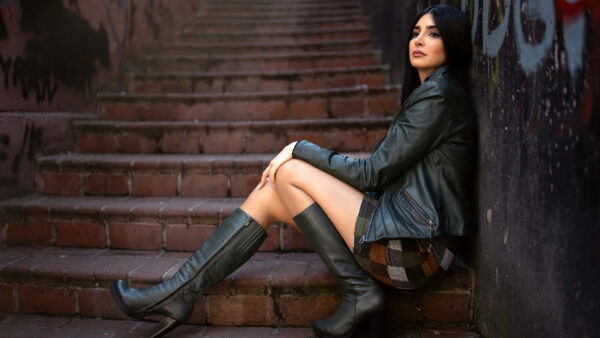Wallpaper Wearing, Leather, Girl, And, Model, Heeled, Boots, Stairs, Girls, WALL, Painting, High, Background, Jacket, Mobile, Desktop, Black, Sitting