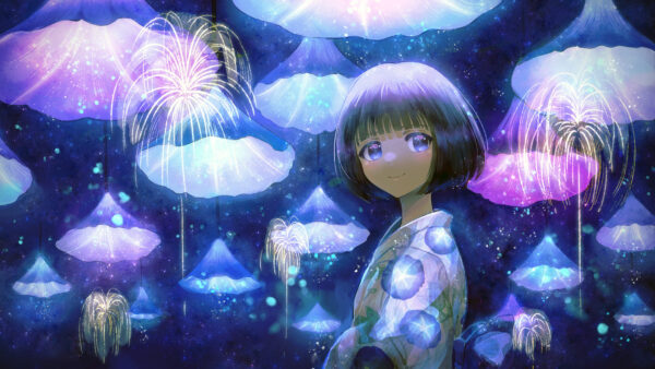 Wallpaper Eyes, Blue, Short, Fireworks, Girl, Anime, Hair