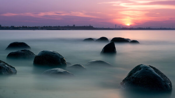 Wallpaper Blue, Trees, Sea, Lights, Fog, Sky, Buildings, Nature, Rocks, Clouds, During, Sunrise, View, Landscape, Stones