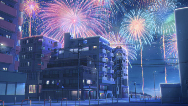 Wallpaper Fireworks, House, Anime, Building, Colorful