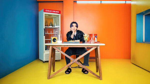 Wallpaper Orange, Sitting, Black, Dress, Background, Wearing, Jungkook, Chair