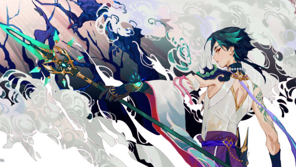 Wallpaper Trident, Background, Smoke, Xiao, Impact, Genshin, Colorful