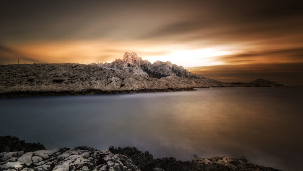 Wallpaper Sky, Sunset, Stones, Coast, Rocks, During, Black, Under, Sea, Clouds, Nature