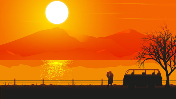 Wallpaper Sunset, Romantic, Silhouette, Couple