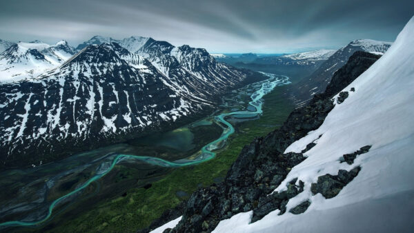 Wallpaper Sweden, Between, Desktop, Mountain, Covered, Valley, Snow, Nature, River