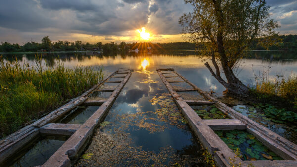 Wallpaper Nature, Sky, During, Scenery, Field, Under, Reflection, Beautiful, White, Clouds, Trees, Sunset, Grass, Water, Lake