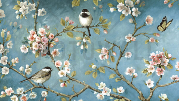 Wallpaper WALL, Background, Flowers, Chinoiserie, Birds, Blue, Leaves