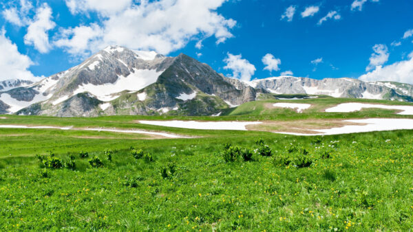 Wallpaper Landscape, Blue, Nature, View, Snow, Plants, Covered, White, Sky, And, Clouds, Green, Grass, Mountains