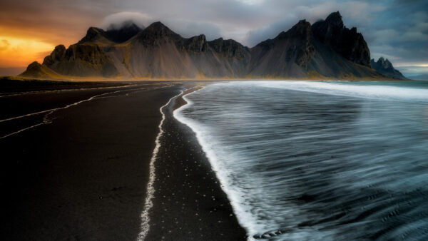 Wallpaper Ocean, Landscape, Desktop, Waves, View, Mountains, Sand, During, Black, Stream, Nature, Mobile, Sunset