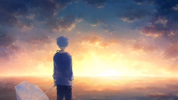 Wallpaper Anime, Clouds, Blue, Umbrella, Under, Boy, Sky, With, White