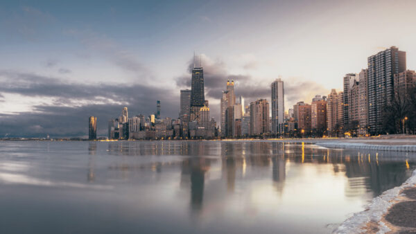 Wallpaper Mobile, Background, Travel, Reflection, Blue, Desktop, Water, Buildings, Skyscraper, Chicago, Sky