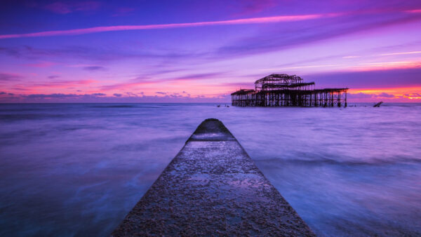 Wallpaper Sky, Pier, Landscape, View, Sunset, Between, Ocean, Clouds, During, Dock, Under, Purpe