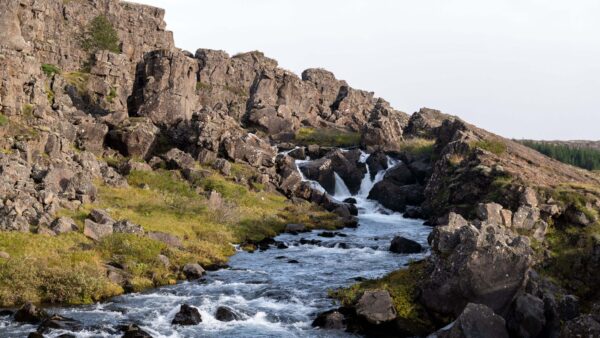 Wallpaper Nature, Stream, Grass, Background, Stones, Rock, Mountains, Desktop, Mobile, Bushes, Blue, Waterfall, Sky