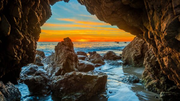 Wallpaper Rocks, Sunset, Waves, Background, Blue, During, Cave, Nature, Silhouette, Ocean, Stones, Sky