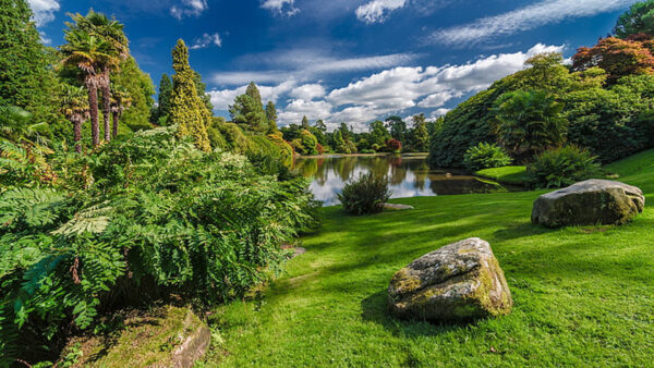 Wallpaper Blue, Lake, Nature, Clouds, Rock, Field, Water, Autumn, Trees, Grass, Reflection, Stones, White, Green, Sky