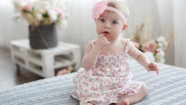 Wallpaper Dress, Cute, Baby, White, Child, Pink, Printed, Table, Flowers, Cloth, Covered, Wearing, Sitting, Girl