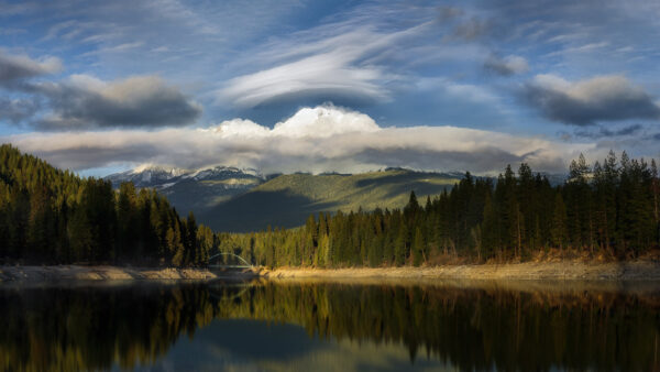 Wallpaper Green, White, Landscape, Background, Sky, River, Slope, Trees, Clouds, Nature, View, Reflection, Blue, Mountains