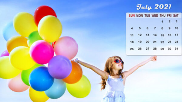 Wallpaper 2021, Girl, Calendar, July, Balloons, Little, With