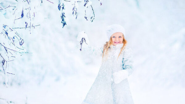 Wallpaper Background, Standing, Snowy, Cute, Forest, Woolen, Smiley, Knitted, Little, Wearing, White, And, Girl, Dress, Cap