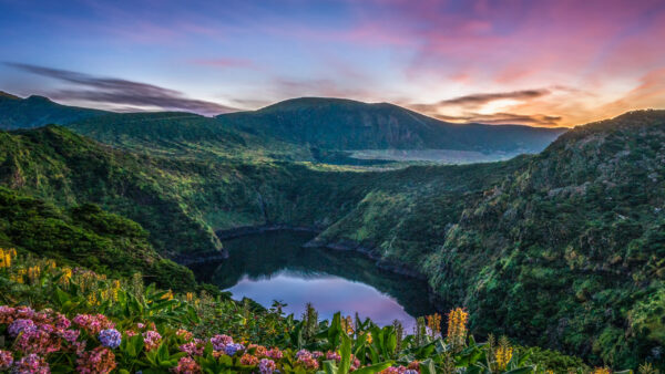Wallpaper And, Under, Sunset, During, Flower, Lake, Cloudy, Nature, Azores, Blue, Sky, Mountain, Portugal, Purple, Desktop
