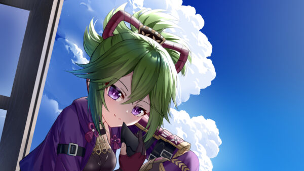 Wallpaper Green, Hair, Purple, Blue, Kuki, Eyes, Shinobu, Sky, White, Genshin, Clouds, Background, Impact
