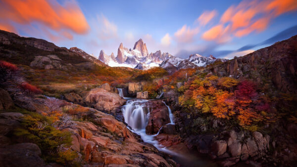 Wallpaper Stream, Capped, Sky, Snow, From, Colorful, Waterfall, White, Clouds, Mountains, Under, Rocks, Blue, Nature, Autumn, Trees