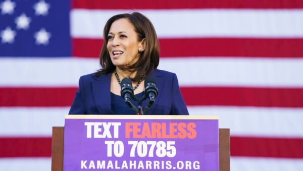 Wallpaper Blue, With, Mic, Dress, Vice, Flag, Desktop, Background, President, Kamala, Harris, Speaking