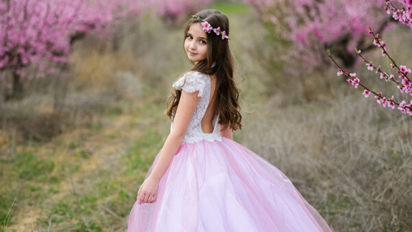 Wallpaper Flowers, Blur, Background, Wearing, Standing, Cute, Girl, Branches, Dress, Blossom, Little, Tree, Cherry, Pink, Beautiful, White